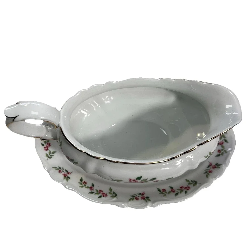 VTG Crown Bavaria Juliette Pink Roses Gravy Boat W/Attached Underplate Gold Trim